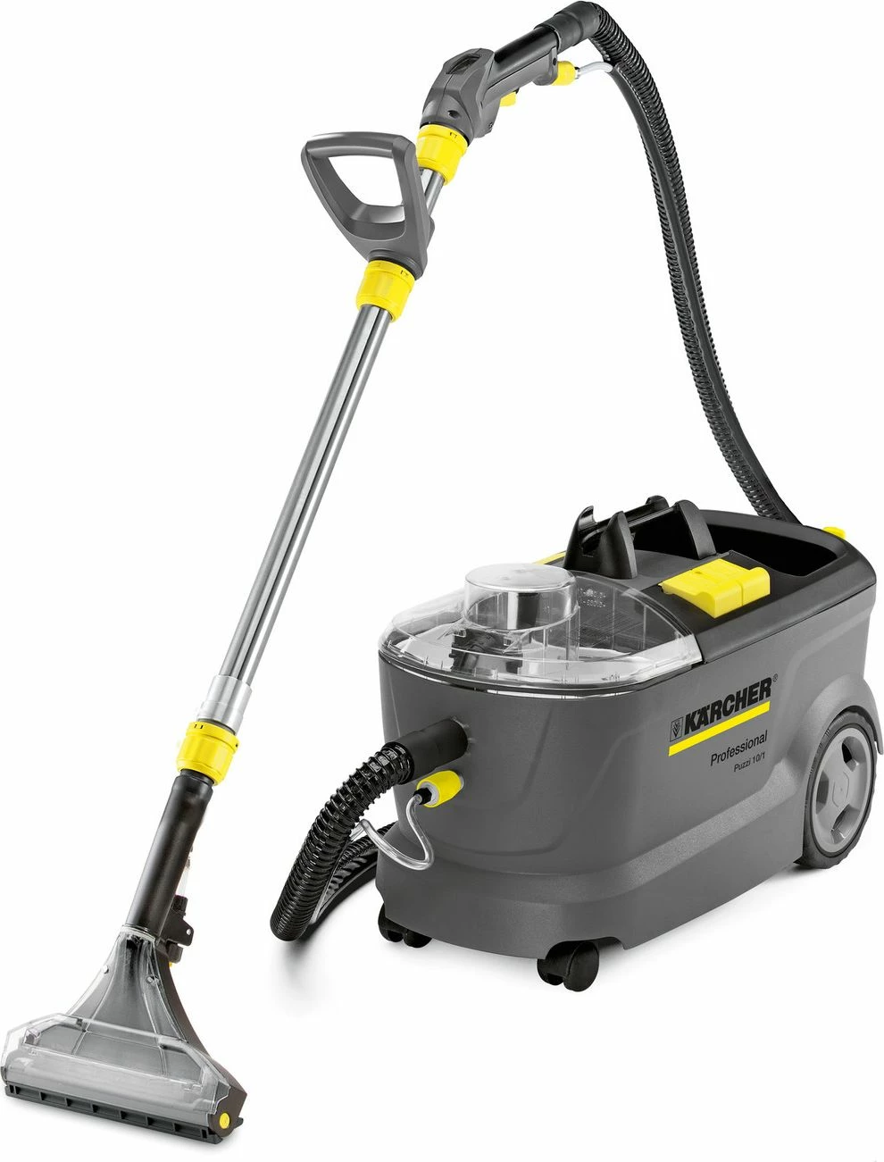 Aspirator industrial me ekstraksion Karcher Puzzi 10/1 (1.100-130.0) 1250 W, rezervuar 9 L, kabllo 7.5 m, set aksesorësh, gri/zi