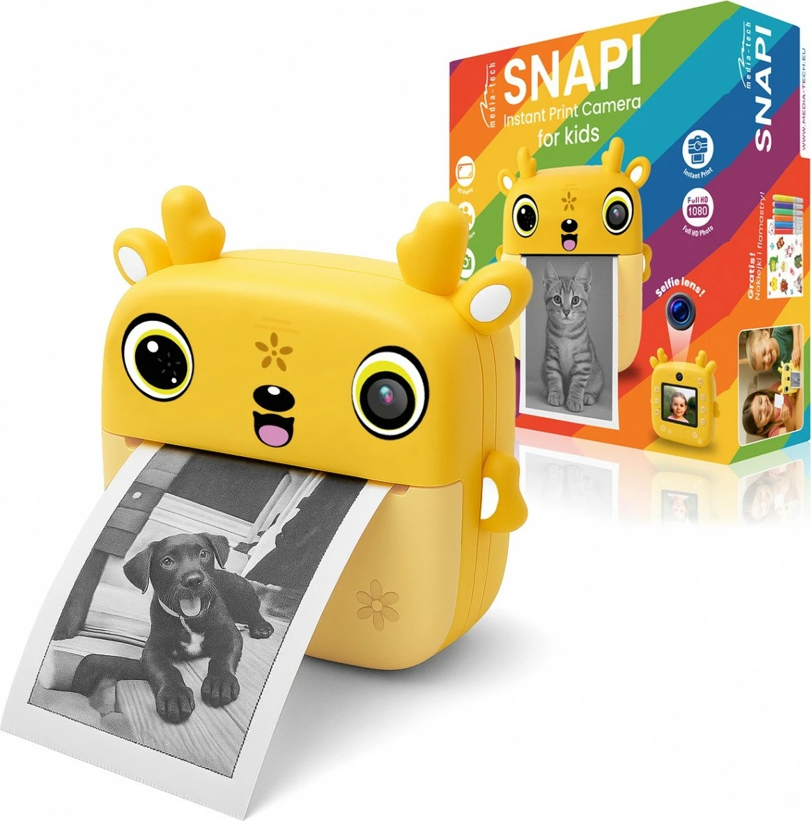 Aparat fotografik për fëmijë me printer termik, Media‑Tech SNAPI MT4108, ekran 2.4", foto deri 8 MP, video 1080p, microSD, USB‑C, bateri 1000 mAh, set me 3 role letre + flomastera e ngjitëse, verdhë