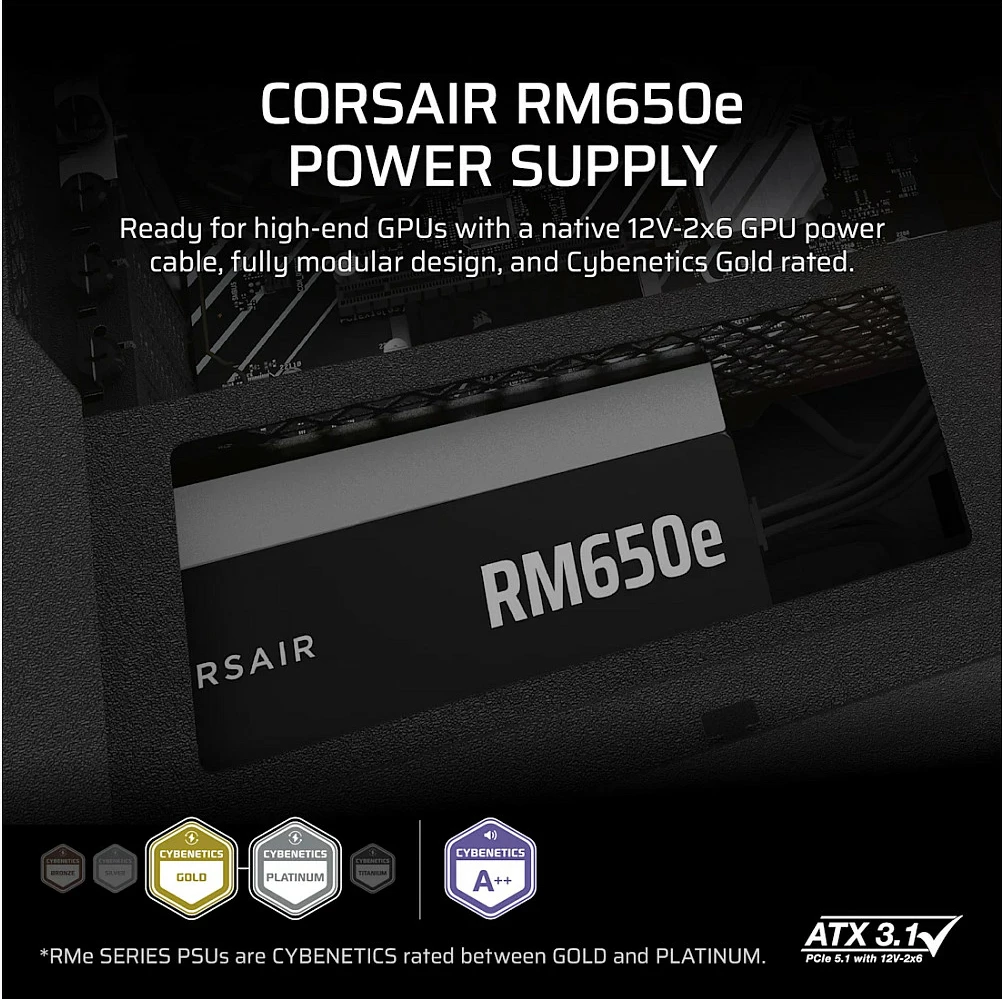 Furnizues energjie (PSU) Corsair RMe Series RM650e, 650W, 80 PLUS Gold, Fully Modular, ATX 3.1, e zezë
