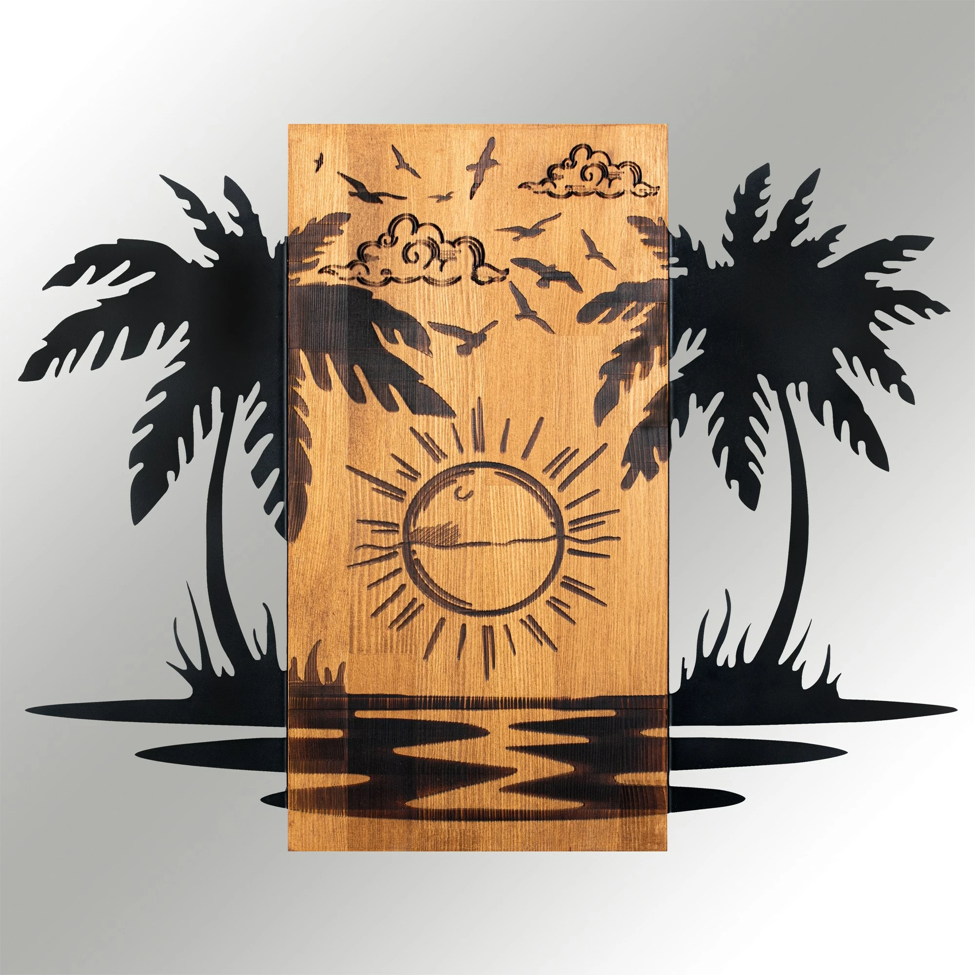 Aksesor dekorativ muri, dru dhe metal, Hawaii 2, ngjyrë e zezë dhe arre, 74x57.5cm