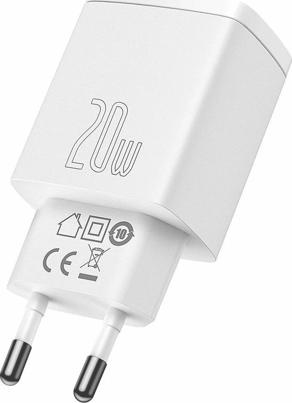 Karikues rrjeti Baseus Compact 6953156207240, 20W, 1x USB-A + 1x USB-C, 3A, PD 3.0/QC 3.0, bardhë