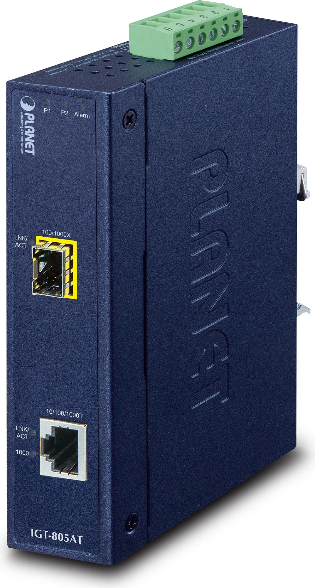 Konvertues industrial Ethernet në Fiber Planet IGT-805AT, 1x RJ-45 Gigabit, 1x SFP, DIN rail, IP30, blu