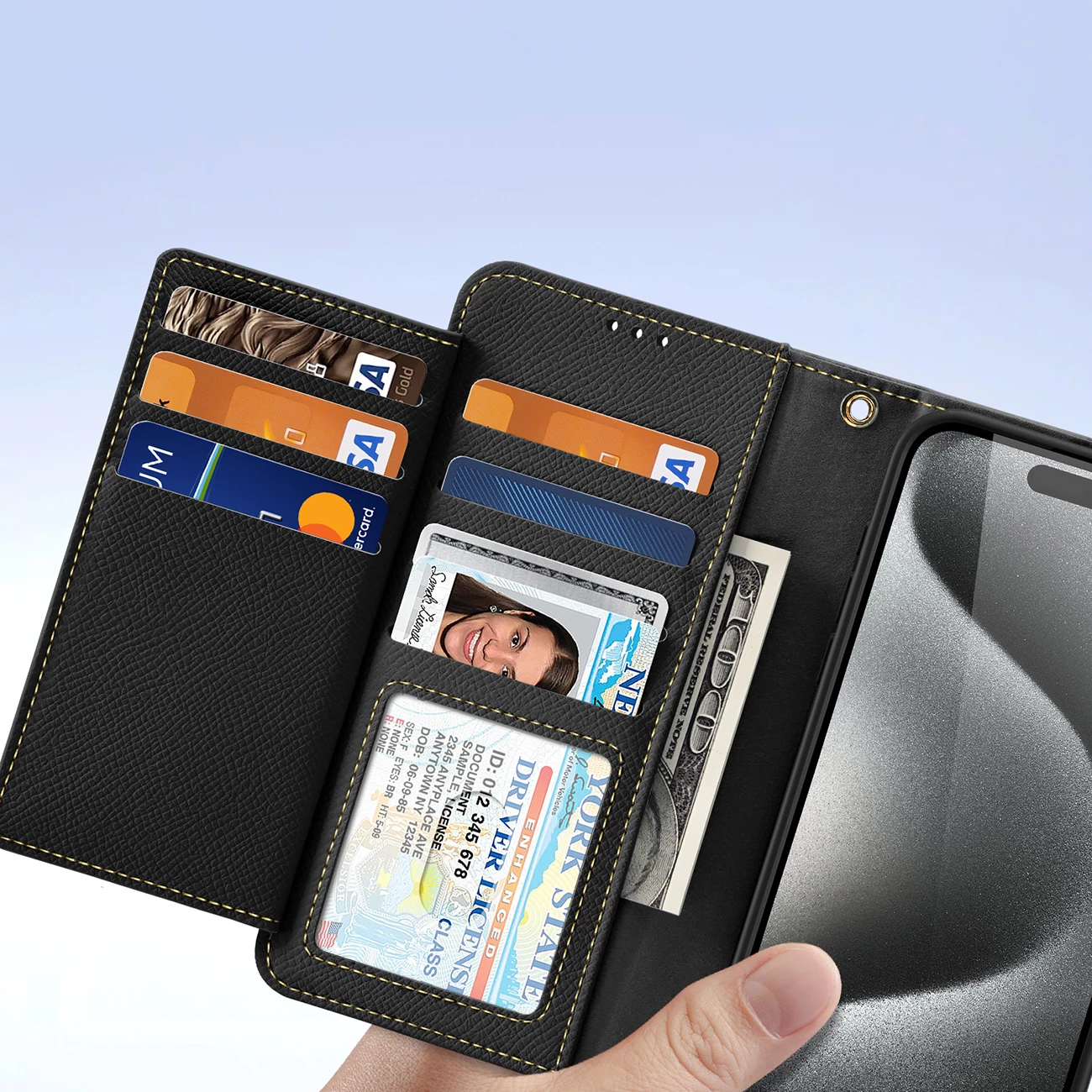 Mbështjellës Dux Ducis Lawa për iPhone 15 Pro Max, lëkurë, me portofol magnetik, i zi