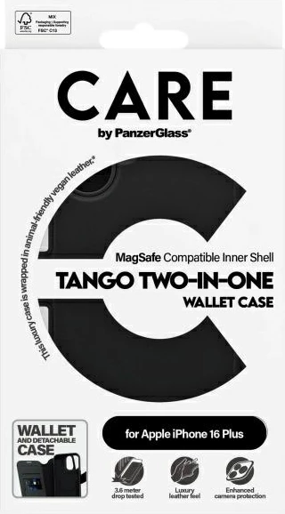 Mbështjellës PanzerGlass CARE Tango 2in1 Wallet MagSafe për iPhone 16 Plus, Zi