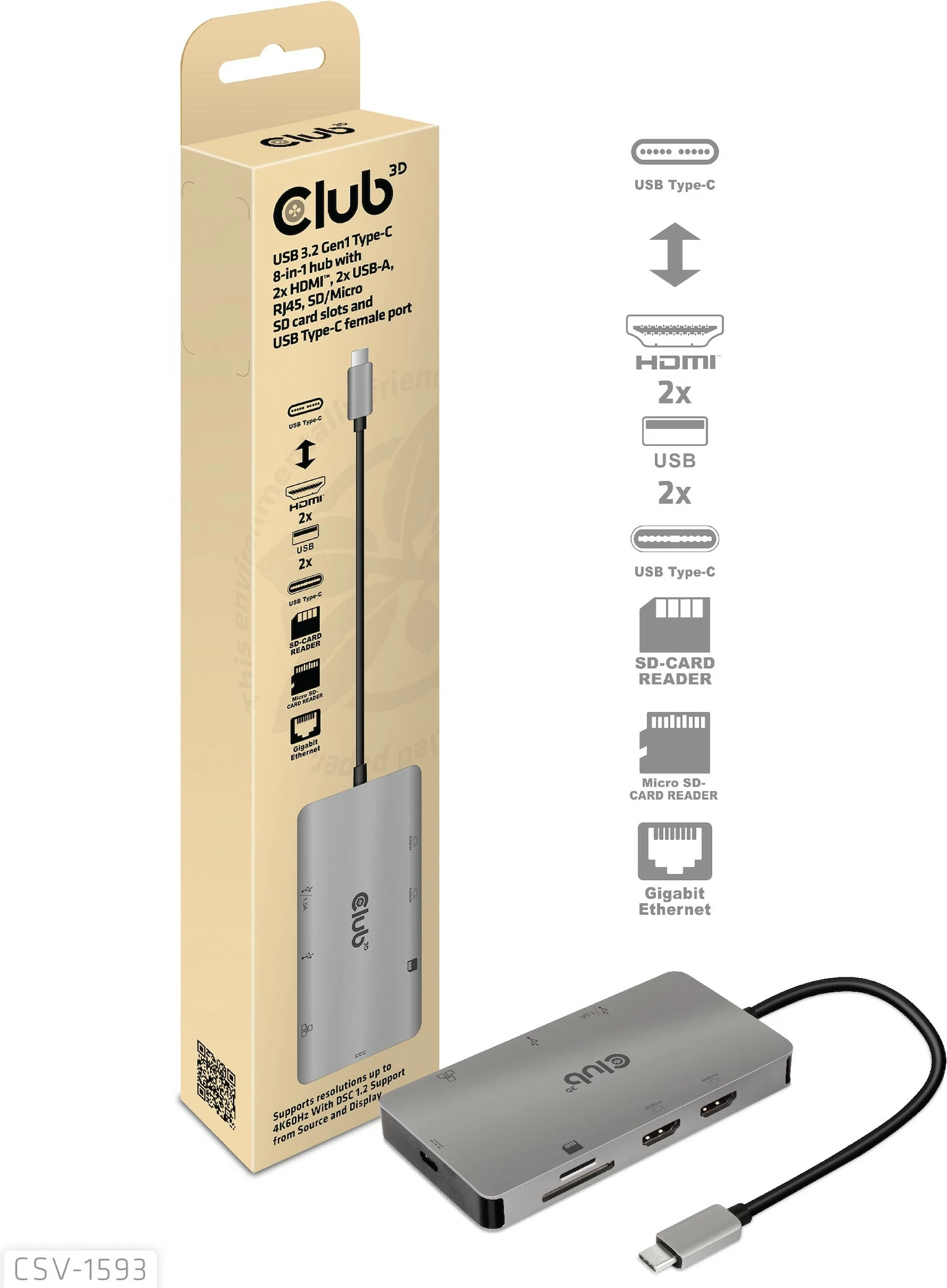 HUB USB-C Club3D 8in1, 2xHDMI, 2xUSB, USB-C, LAN, 4K60Hz, PD100W, metallic