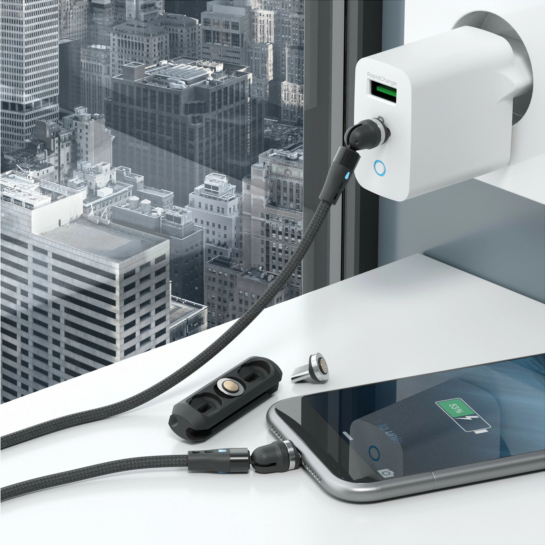 Kabllo magnetike RealPower 1m, me adapterë, e zezë