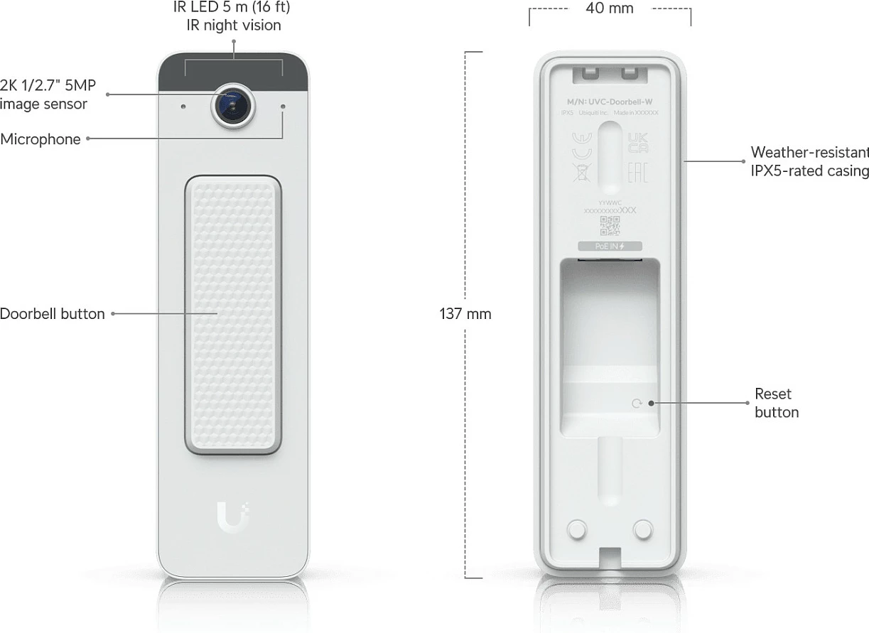 Zile dere me kamerë Ubiquiti Doorbell Lite, 5MP 2560x1920, PoE, IPX5, e bardhë