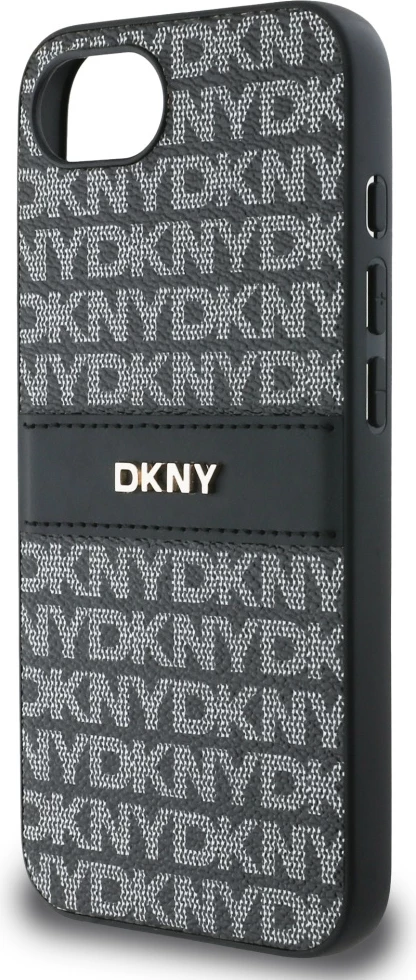 Mbështjellës DKNY Repeat Texture Pattern me shirit dhe logo metalike, për iPhone 16e, e zezë