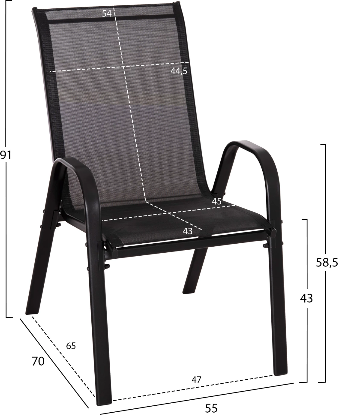 Karrige për jashtë LEON FH5000.43, kornizë metalike e zezë & textilene, set prej 4 copash, 55x70x91Hcm