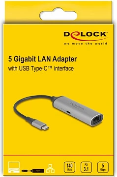 Adapter rrjeti DeLOCK 81591, USB-C në LAN RJ-45 5Gbps, PD 140W, antracit/zi