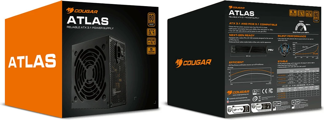Power Supply Cougar ATLAS 750W, ATX 3.1, 80 Plus Bronze, i zi