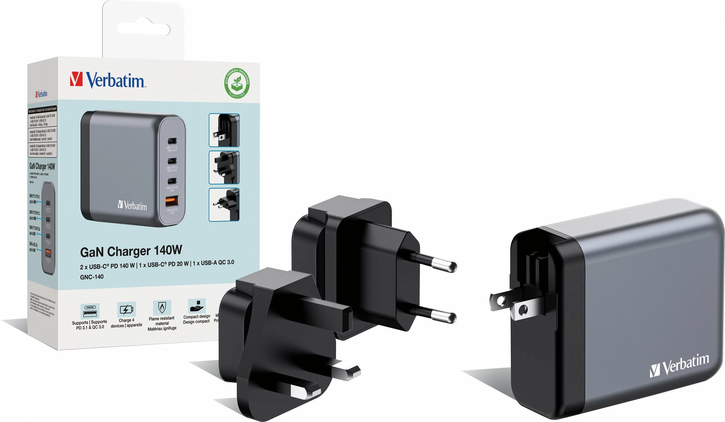 Karikues rrjeti GaN Verbatim GNC-140 140 W, 3x USB-C + 1x USB-A, QC 3.0/PD, 5 A, me kabllo USB-C 1 m, gri