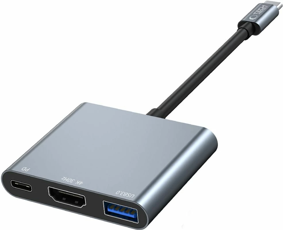 Hub USB-C 3-në-1 Tech-Protect V1 me USB-A 3.0, HDMI 4K 30Hz, PD 100W, gri