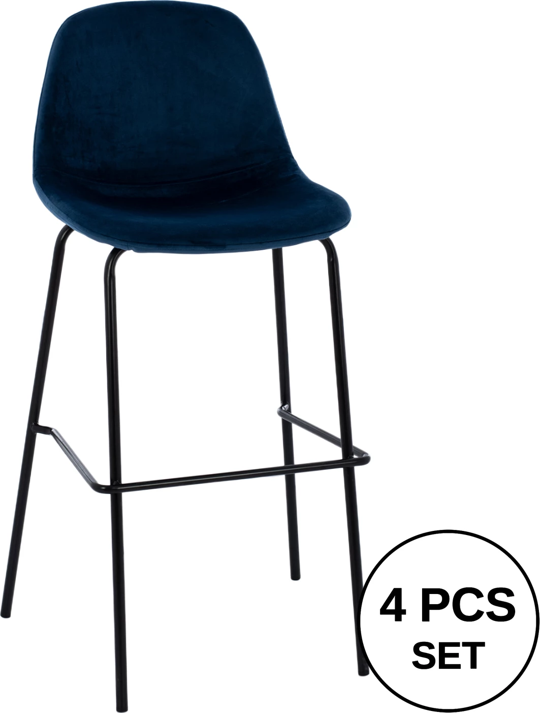 Karrige për bar, kadife blu dhe kornizë metalike, FH8579.18, 56,5x47x106 cm., set prej 4 copash