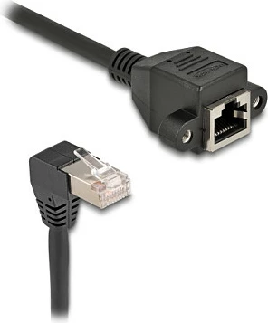 Kabllo rrjeti DeLOCK Cat6a S/FTP RJ45 këndore në RJ45 femër për panel, 0.5 m, e zezë