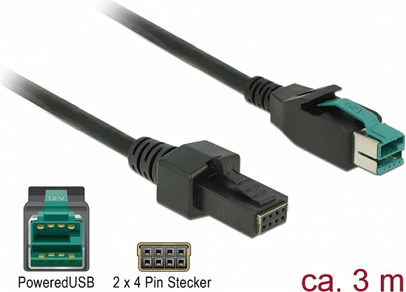 Kabllo DeLOCK 85484 PoweredUSB 12V në 2x4 Pin, 3m, e zezë