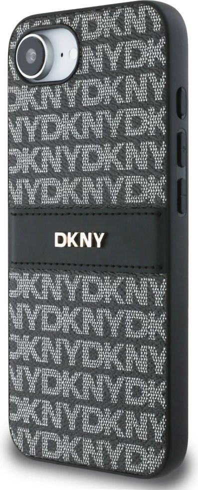 Mbështjellës DKNY Repeat Texture Pattern me shirit dhe logo metalike, për iPhone 16e, e zezë