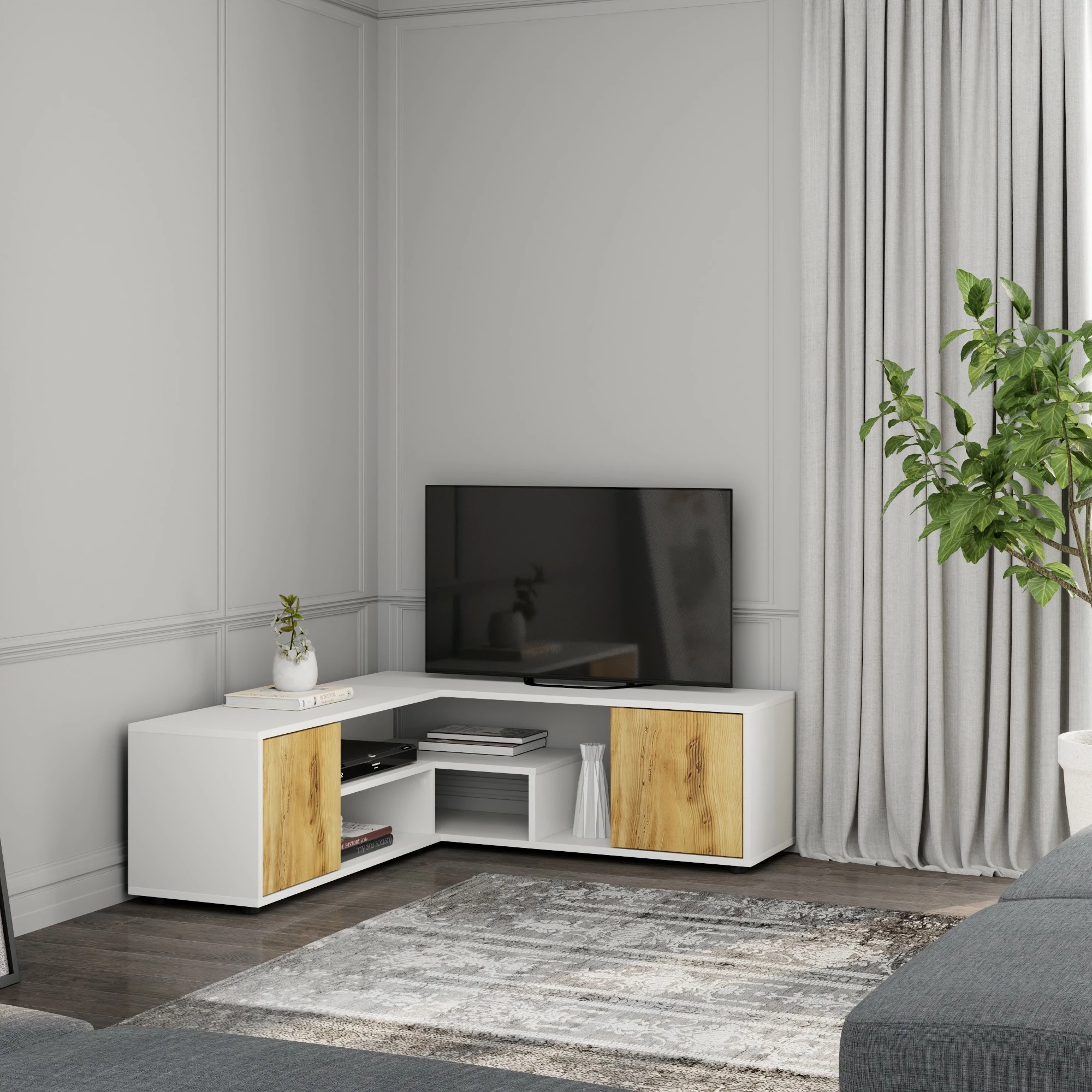 Komodë për TV Skye Decor, ngjyrë e bardhë dhe lis