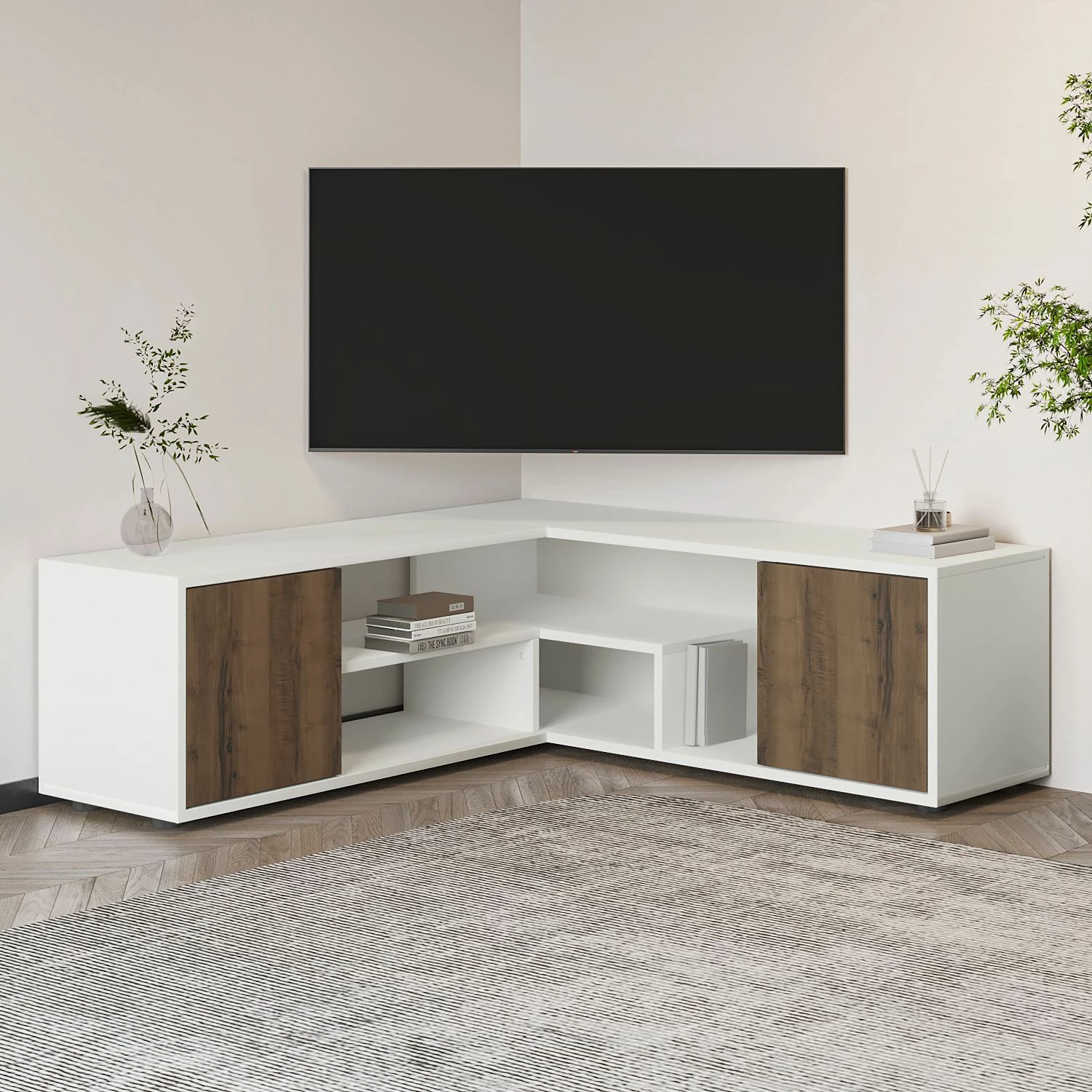 Komodë për TV Skye Decor, ngjyrë e bardhë dhe lis