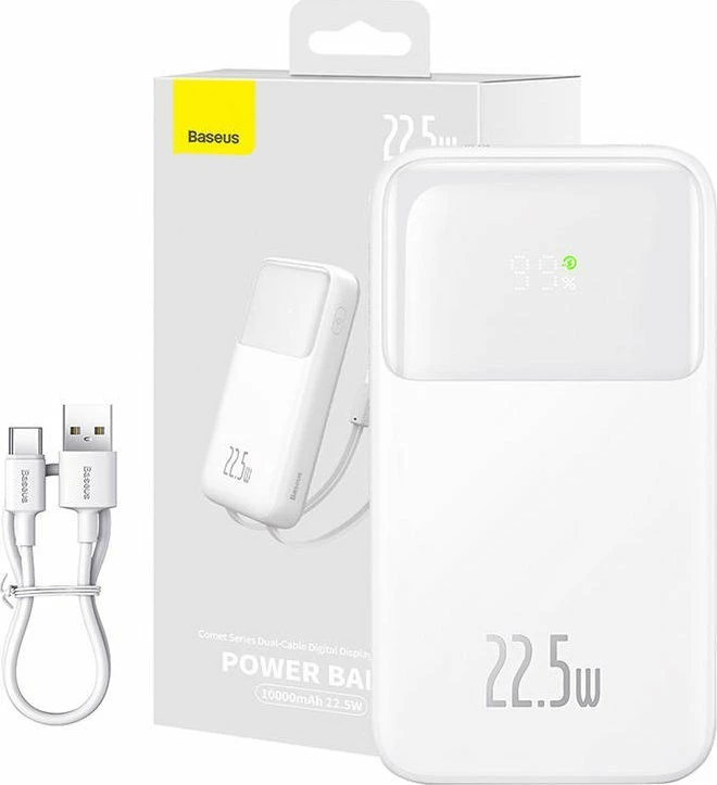 Powerbank Baseus Comet 10000mAh 22.5W me ekran, me kabllo të integrume USB-C/Lightning, e bardhë