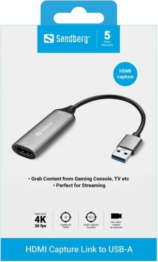 Konvertues/kartë kapjeje video HDMI në USB-A Sandberg 134-19, 4K input / 1080p 30fps capture, gri, set 1 copë