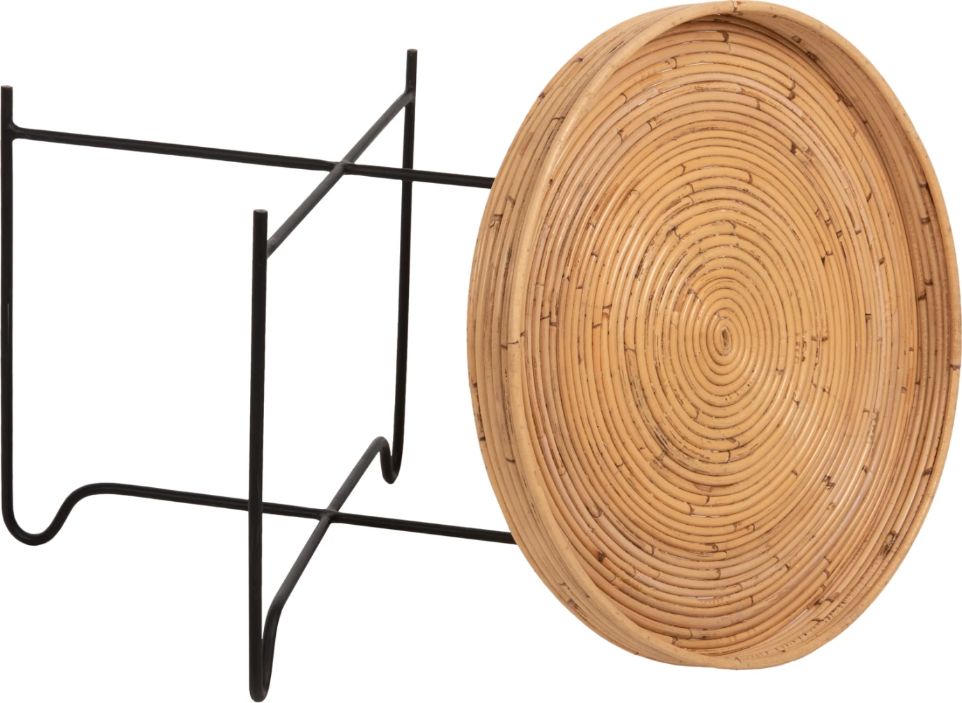 Tavolinë anësore rrethore FLY, rattan natyral, bazë metalike e zezë, Φ50x40H cm