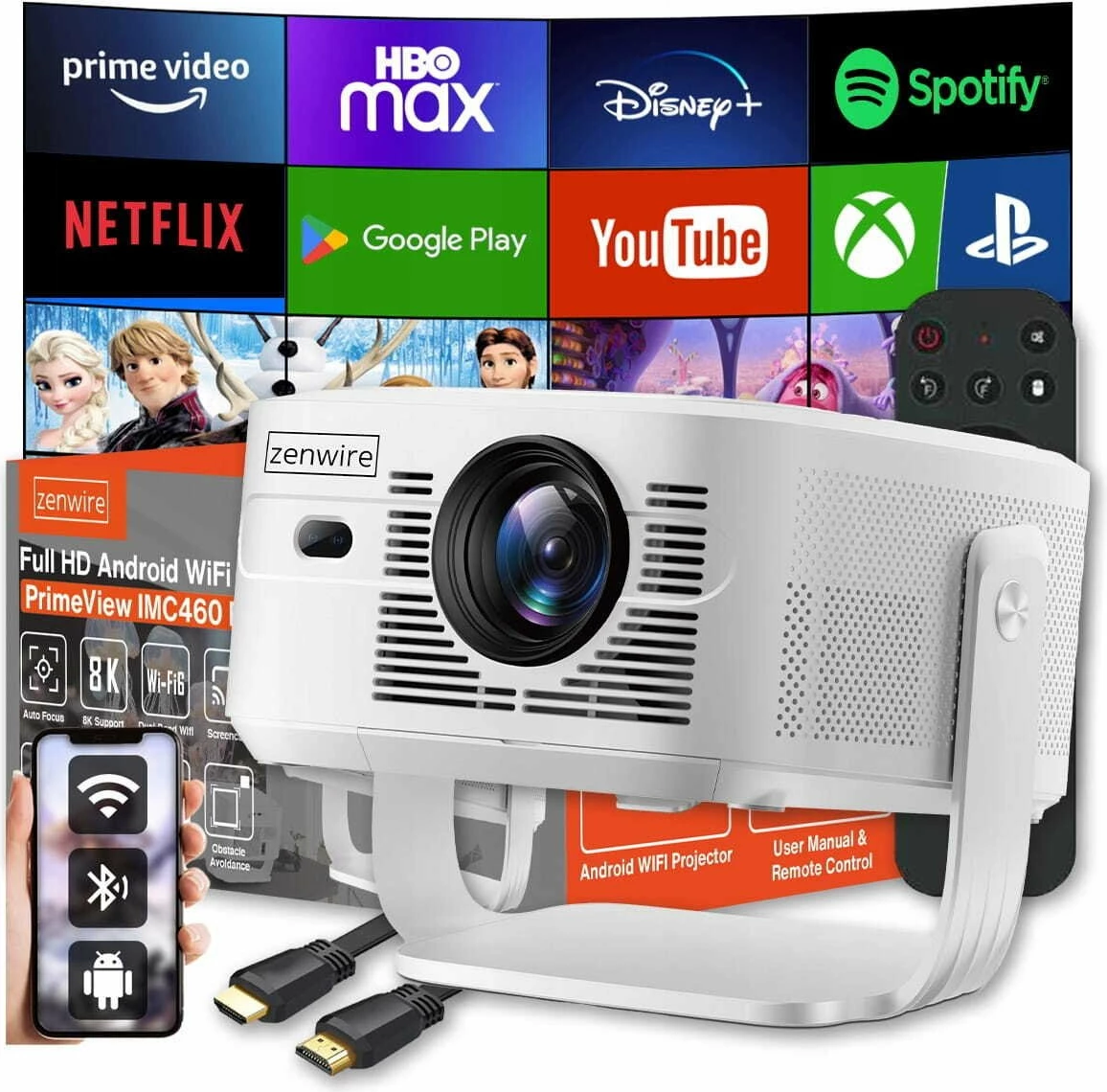 Projektor Zenwire PrimeView IMC460 Pro Full HD Android 14 950 ANSI WiFi 6 Bluetooth 5.4 2GB/16GB i bardhë