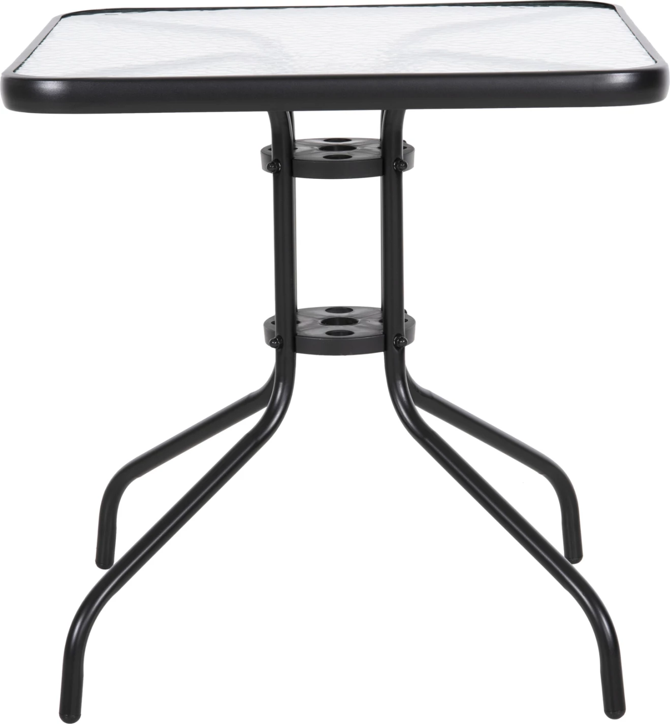 Tavolinë e jashtme katrore FIGO FH5036.03, metal i zi dhe sipërfaqe tavoline prej xhami, 70x70x70H cm