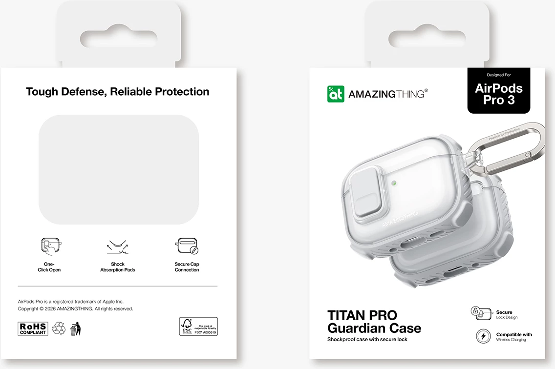 Mbështjellës AmazingThing Titan Pro Mag për AirPods Pro 3, PC/TPU, me karabinë, i tejdukshëm, i bardhë