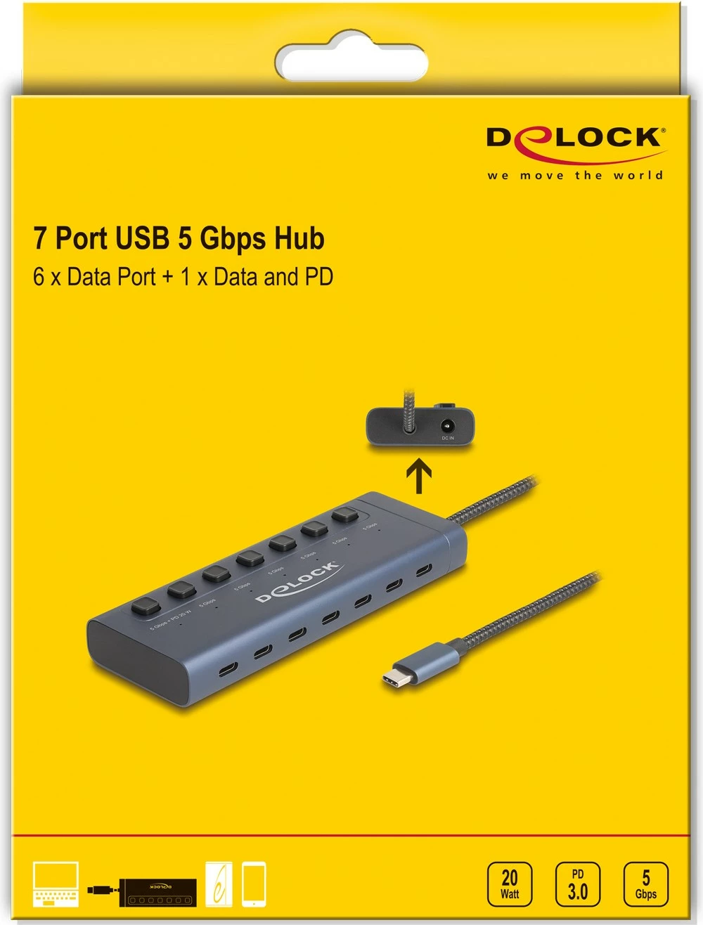 USB hub DeLOCK 7 porta Type-C, 5 Gbps, me çelësa, PD 20W, kaltër
