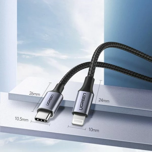 Kabëll Ugreen 107697 USB-C në Lightning MFi 1 m 3A/36W, Argjendtë