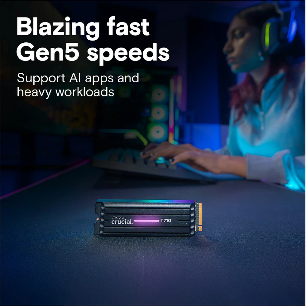 SSD M.2 NVMe Crucial T710 1TB, PCIe 5.0 x4, me heatsink, e zezë