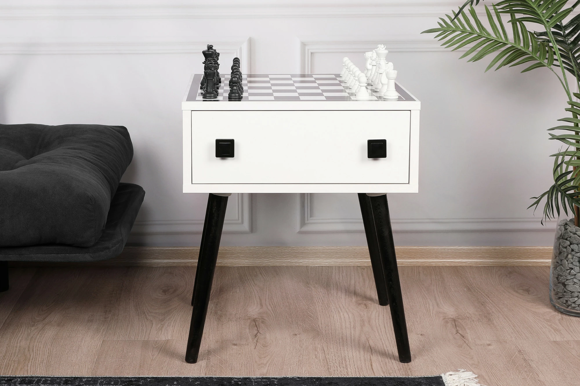 Tavolinë shahu, Skye Decor, e zezë dhe e bardhë, me sirtar dhe figura