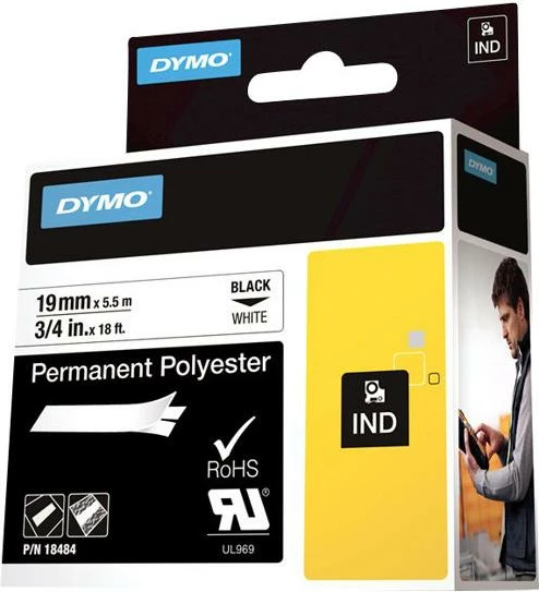 Shirit etiketimi, Dymo, 18484 (S0718220), vinyl i qëndrueshëm, sipërfaqe me shkëlqim, zi mbi të bardhë