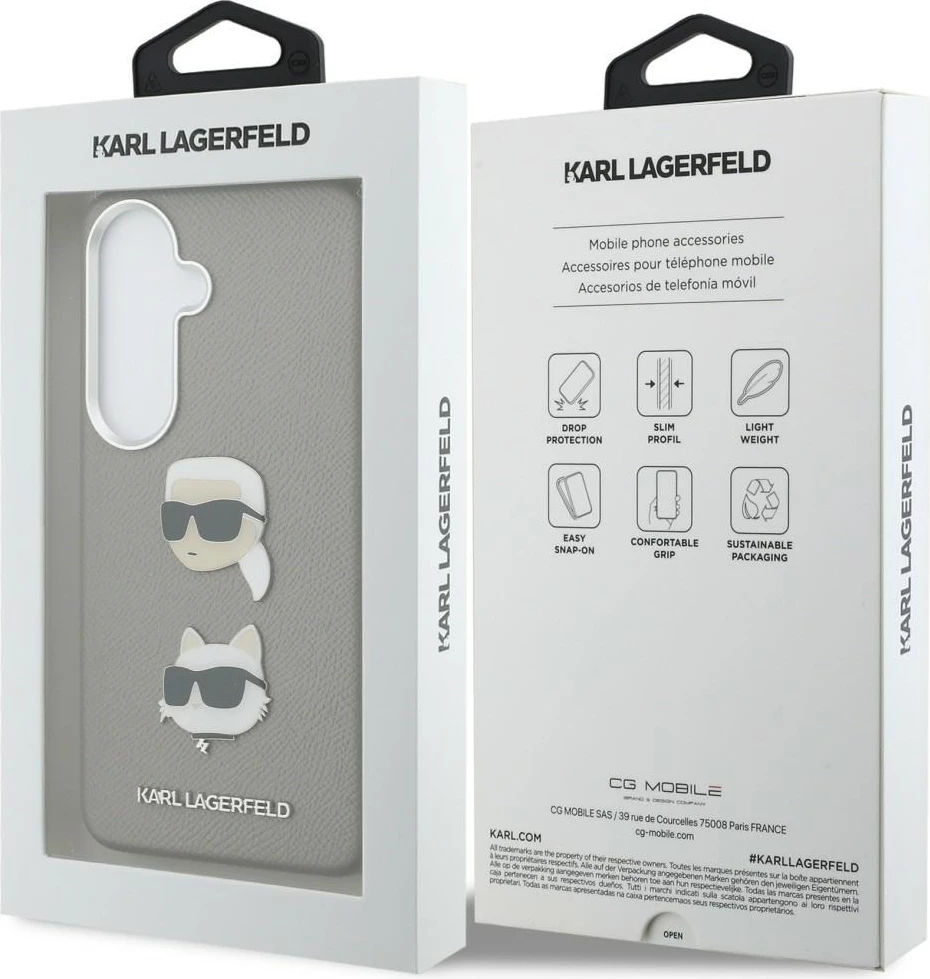 Mbështjellës Karl Lagerfeld Saffiano Double Heads Metal për Samsung Galaxy S26, hardcase, eco-lëkurë/TPU/PC, argjend