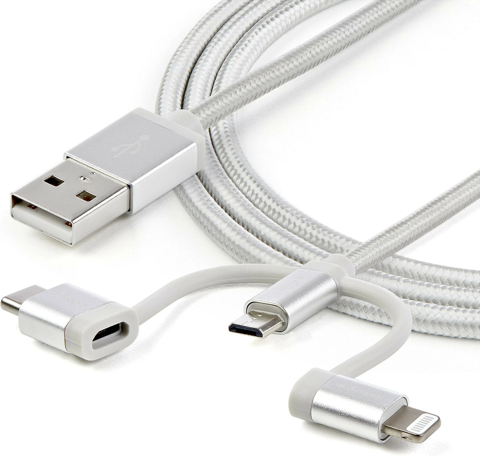 Kabllo karikimi 3-n-1 StarTech LTCUB1MGR, USB-A në Micro-USB/USB-C/Lightning, 1 m, e thurur, argjendtë