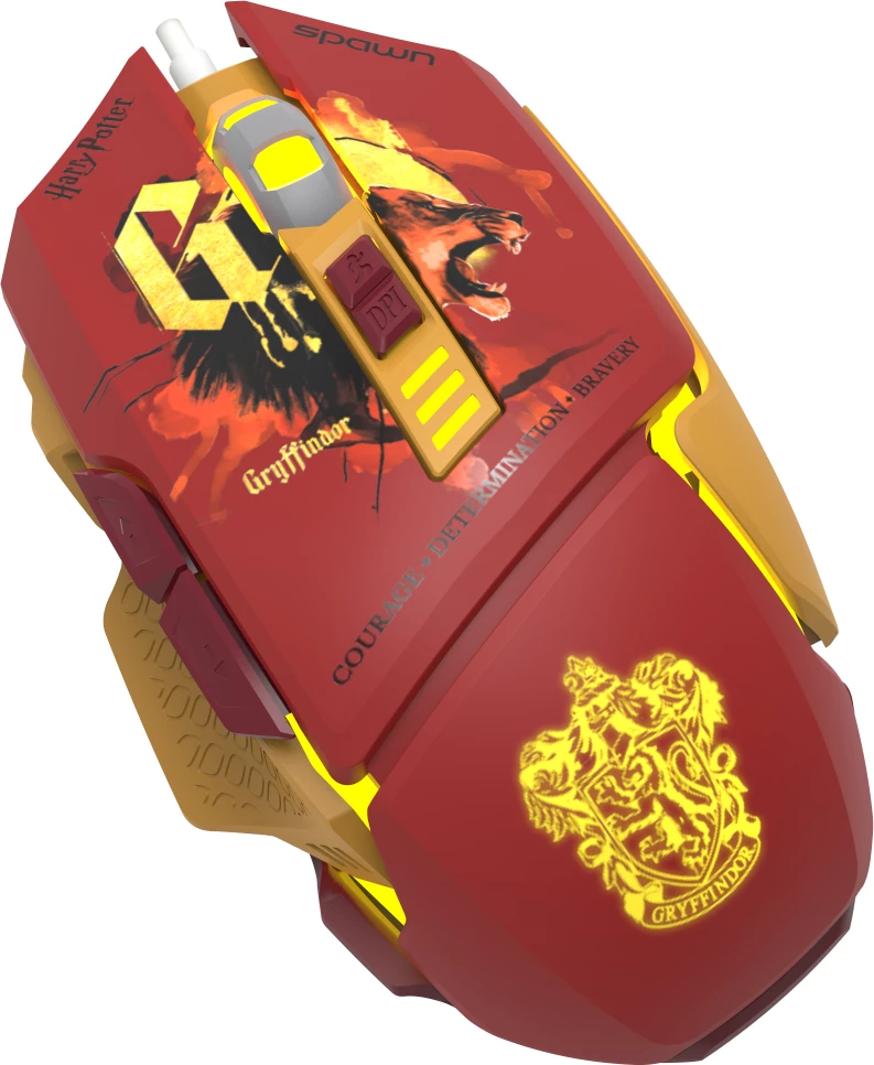 Maus gaming Spawn Harry Potter Gryffindor RGB 12800 DPI USB me kabllo, Kuqe/Ar