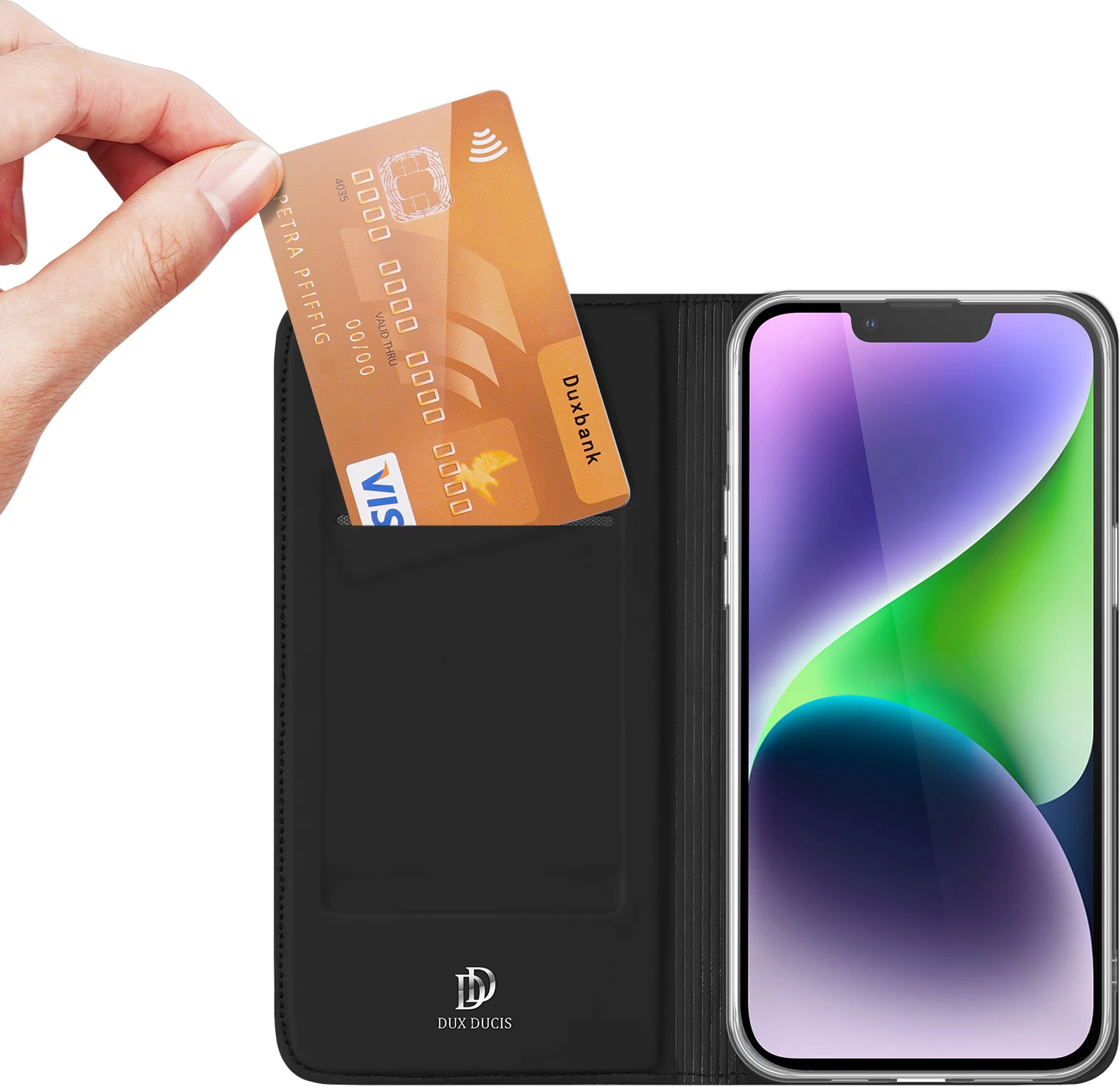 Mbështjellës Dux Ducis Skin Pro për iPhone 15 Plus, me kapak, xhep kartelash, i zi