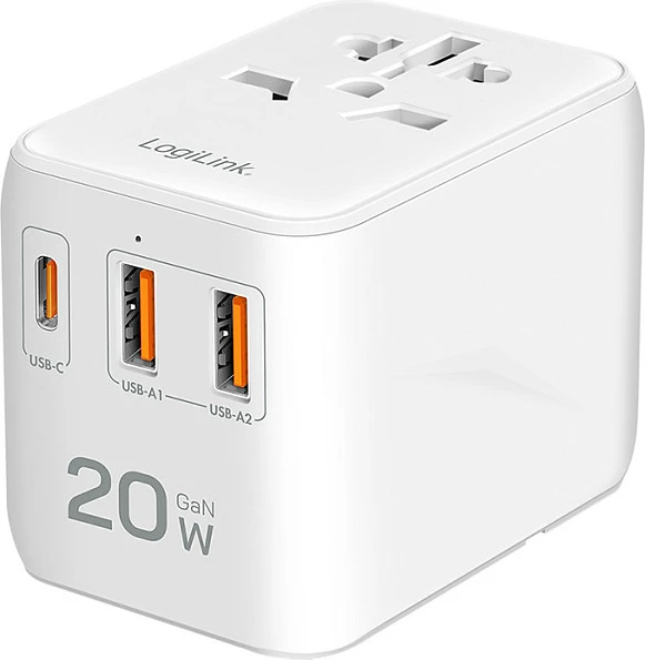 Karikues udhëtimi LogiLink, 20W GaN, 3 porta (1x USB-C PD, 2x USB-A QC), i bardhë