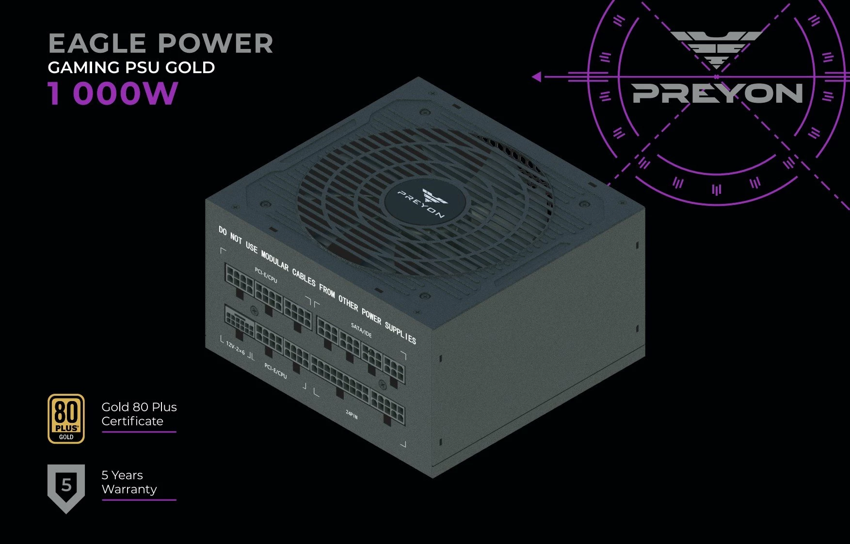 Furnizues rryme (PSU) PREYON Eagle Power GOLD PEPG1000W 1000W, 80 Plus Gold, ATX 3.1, plotësisht modular, i zi