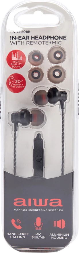 Kufje me kabllo Aiwa ESTM-50BK, in-ear, jack 3.5mm, me mikrofon, 1.2 m, të zeza, set me 3 palë maja silikoni S/M/L