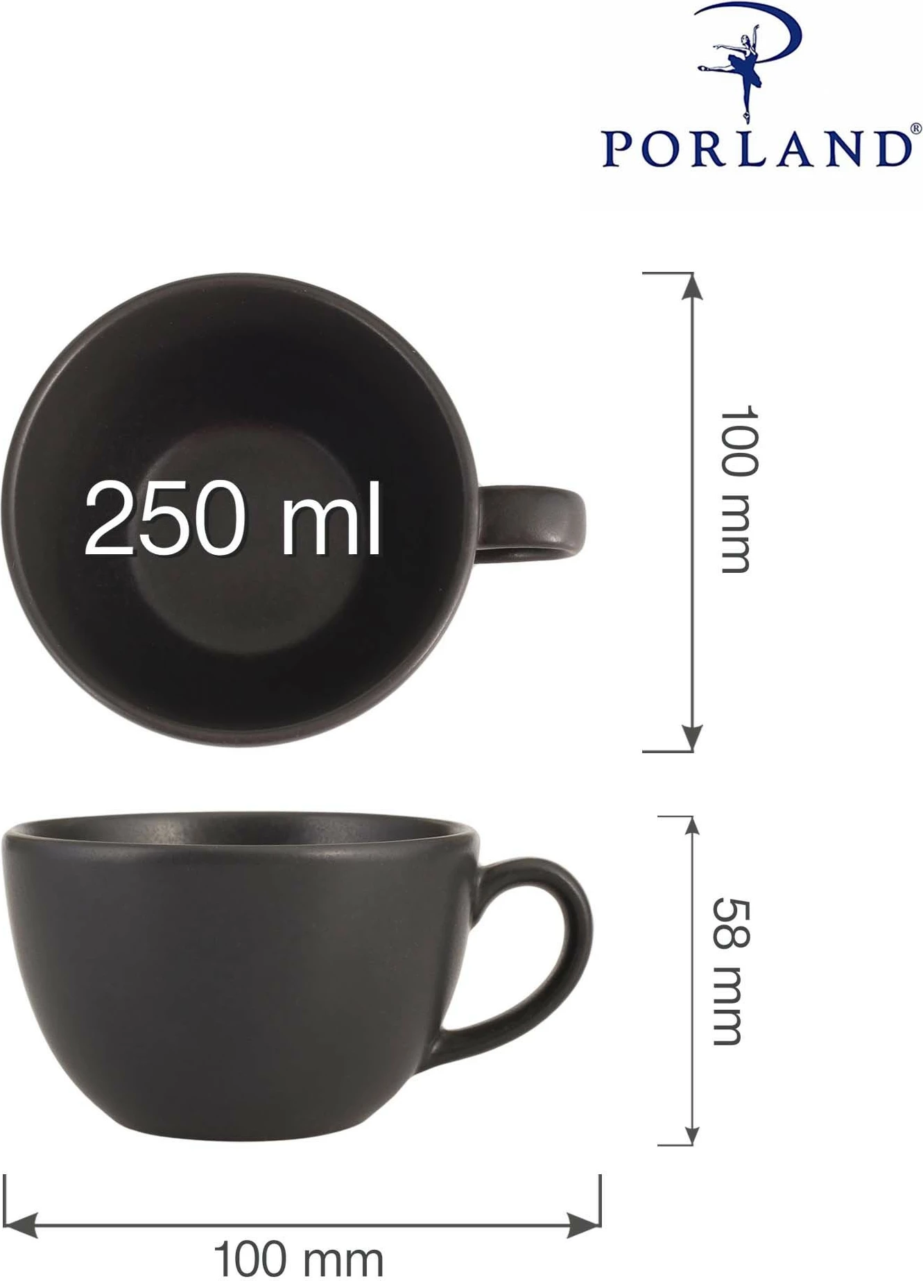 Filxhan porcelani Porland Seasons Coal 250 ml, i zi, set 6 copë