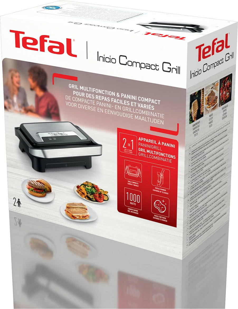 Grill kontakt Tefal Inicio Compact GC270D, 1000W, i zi dhe inox