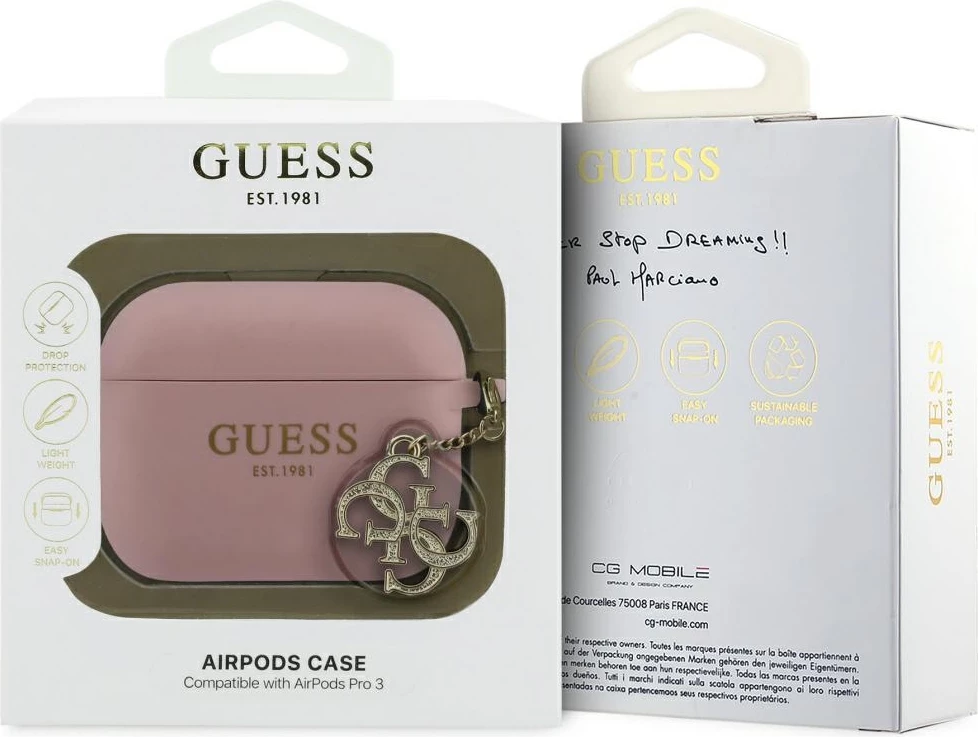 Mbështjellës silikoni Guess Silicone 4G Charm për Apple AirPods Pro 3, rozë, me varëse, me kuti