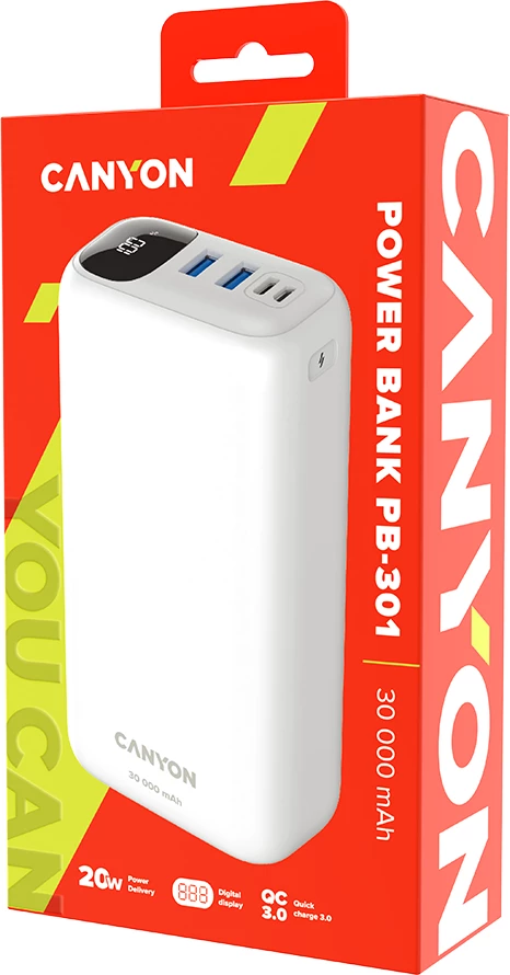Power bank CANYON PB-301 30000 mAh, PD 20W, QC 3.0, LED ekran, i bardhë