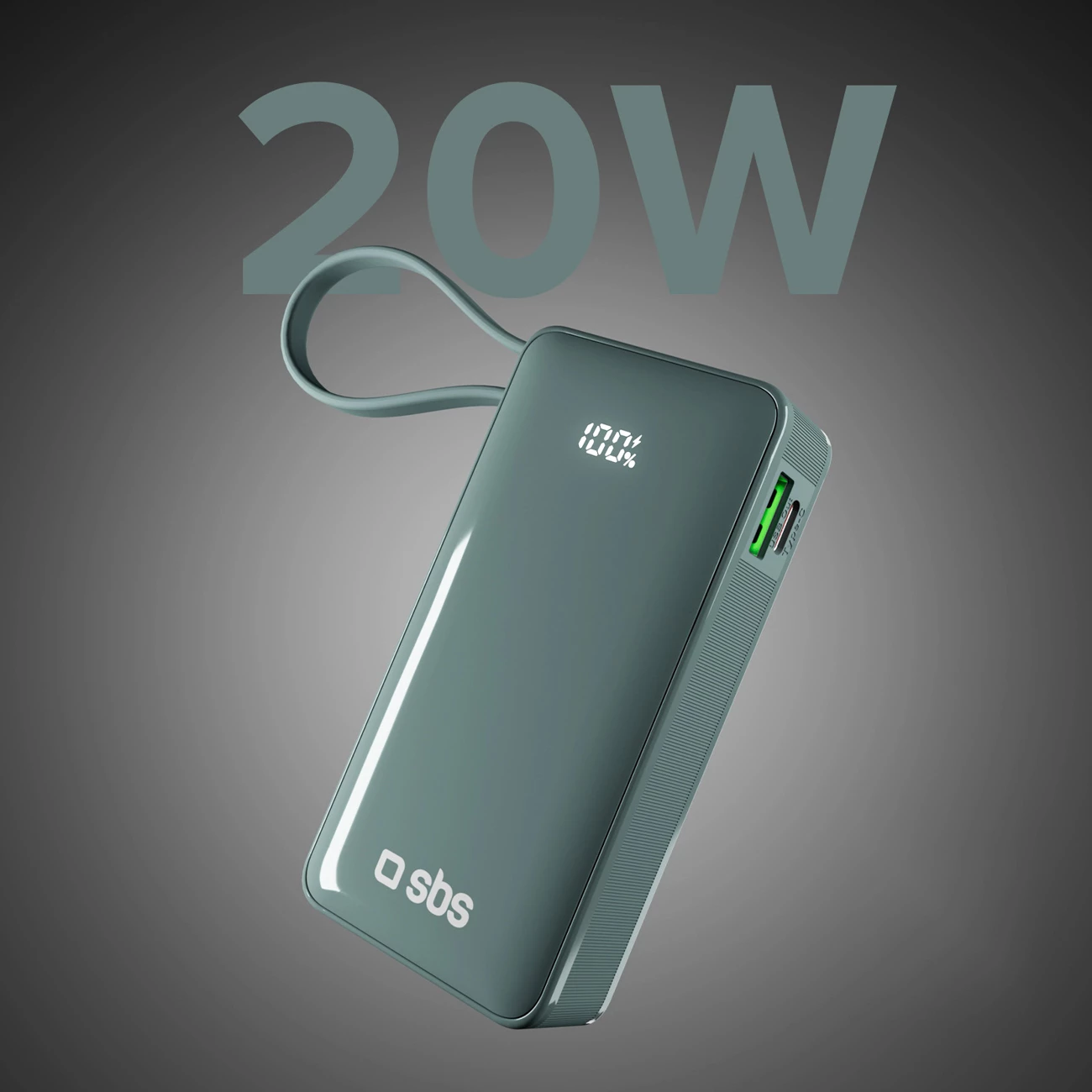 Powerbank SBS 10000 mAh 20W me kabllo USB-C të integruar dhe ekran LCD, Gri