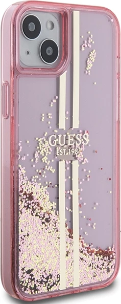 Mbështjellës Guess Liquid Glitter Gold Stripes për iPhone 15 Plus / 14 Plus, Rozë