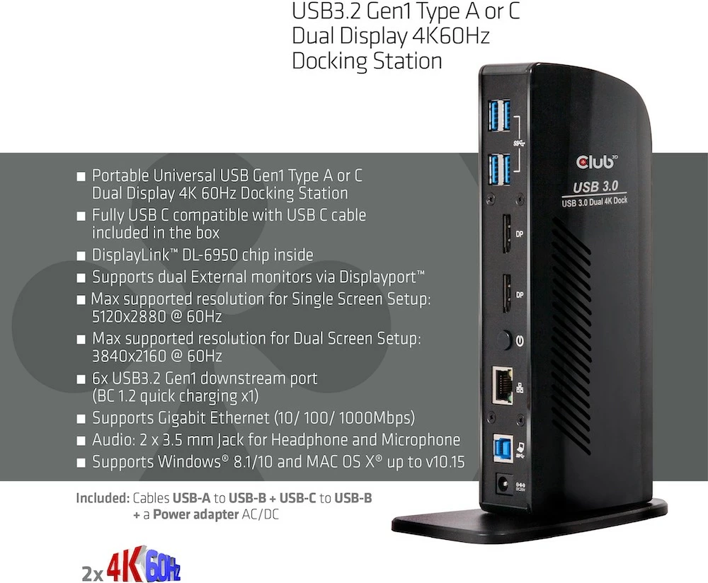 Docking station Club3D USB3.2 Gen1, 2x DisplayPort, 6x USB3.0, Gigabit Ethernet, e zezë