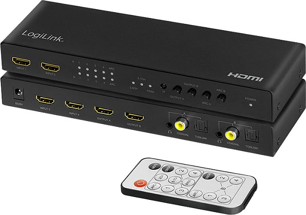 Switch HDMI LogiLink Matrix 4x2, 4K/60Hz, HDR, ARC, telekomandë, i zi