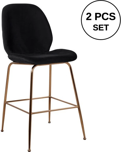 Karrige për bar Nora, kadife e zezë & kornizë metalike e artë, FH8524.04, 48x61x103 cm, set prej 2 copë